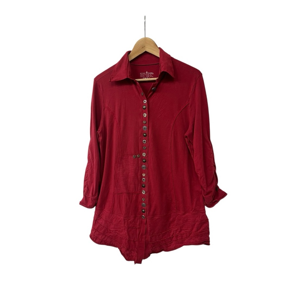 NEON BUDDHA Red Cotton Stretch Buttons Long Sleeves Shirt Top M
